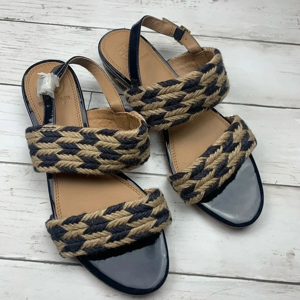 Tory Burch Lola Flat Sandal Woven Nautical 7 Blue